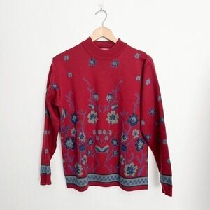Vintage Camela Wool Blend Sweater Cottage Grandma Flower Burgundy Wine Red Med